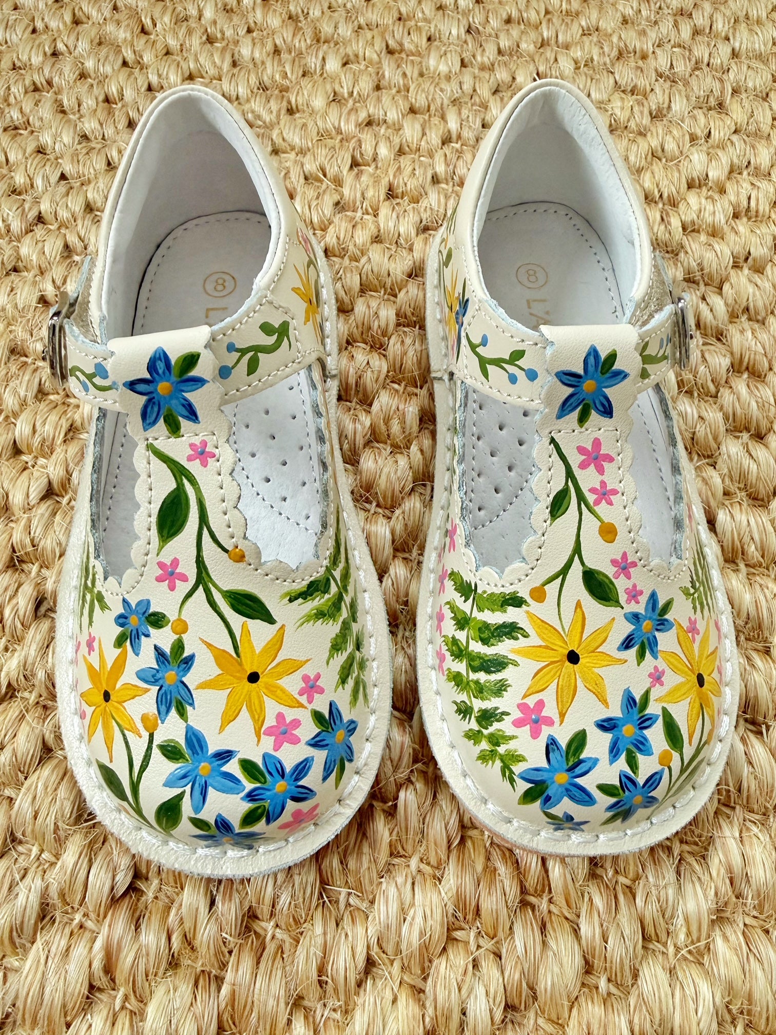 Wildflower Hand-Painted on White Scallop Baby Shoes