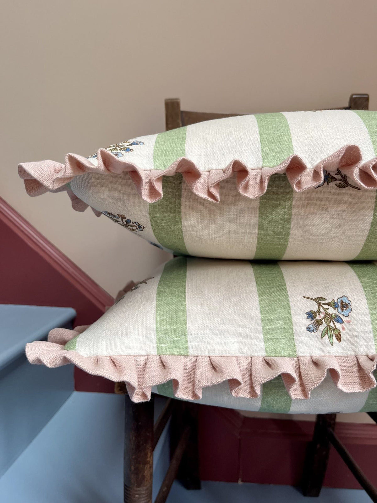 Flax & Field Posy Stripe Eucalyptus Cushion with English Rose Frill