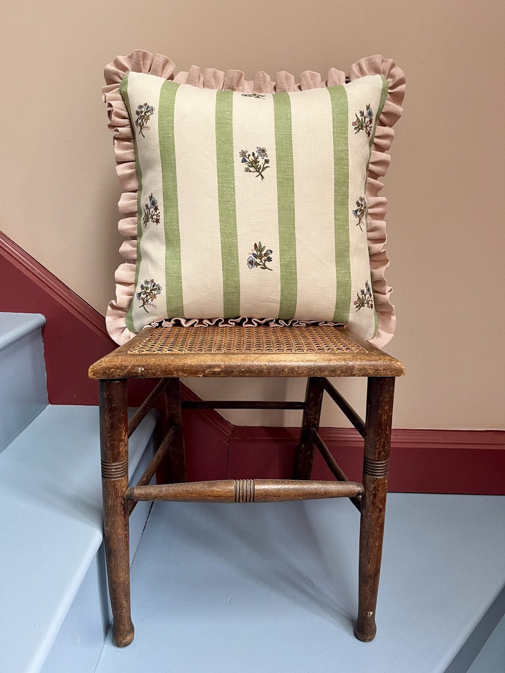 Flax & Field Posy Stripe Eucalyptus Cushion with English Rose Frill