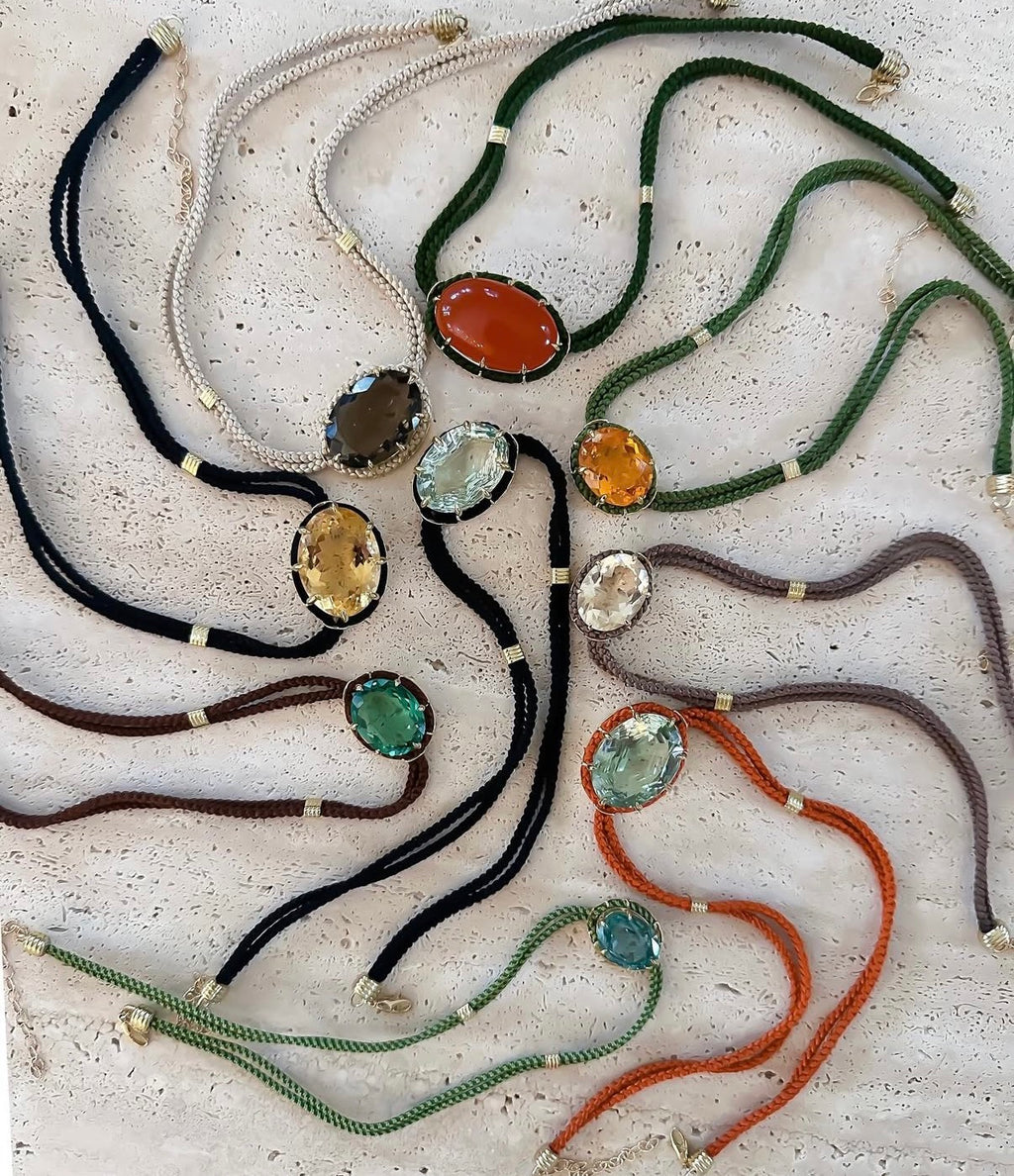 Concave-Cut Green Amethyst Silk Cord Pendant, Bright Vermillion Cord