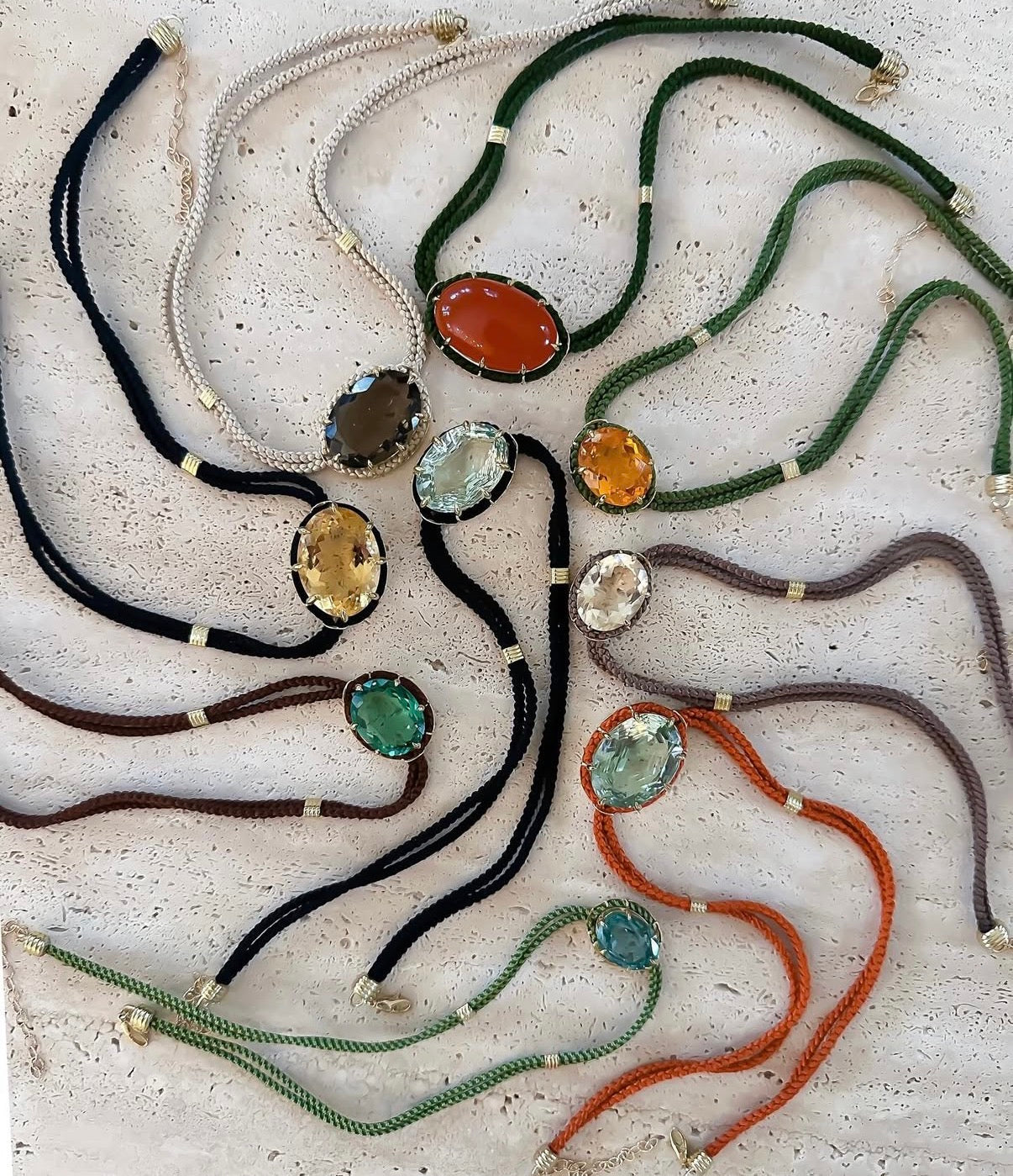 Concave-Cut Green Amethyst Silk Cord Pendant, Bright Vermillion Cord