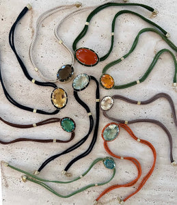 Concave-Cut Green Amethyst Silk Cord Pendant, Bright Vermillion Cord