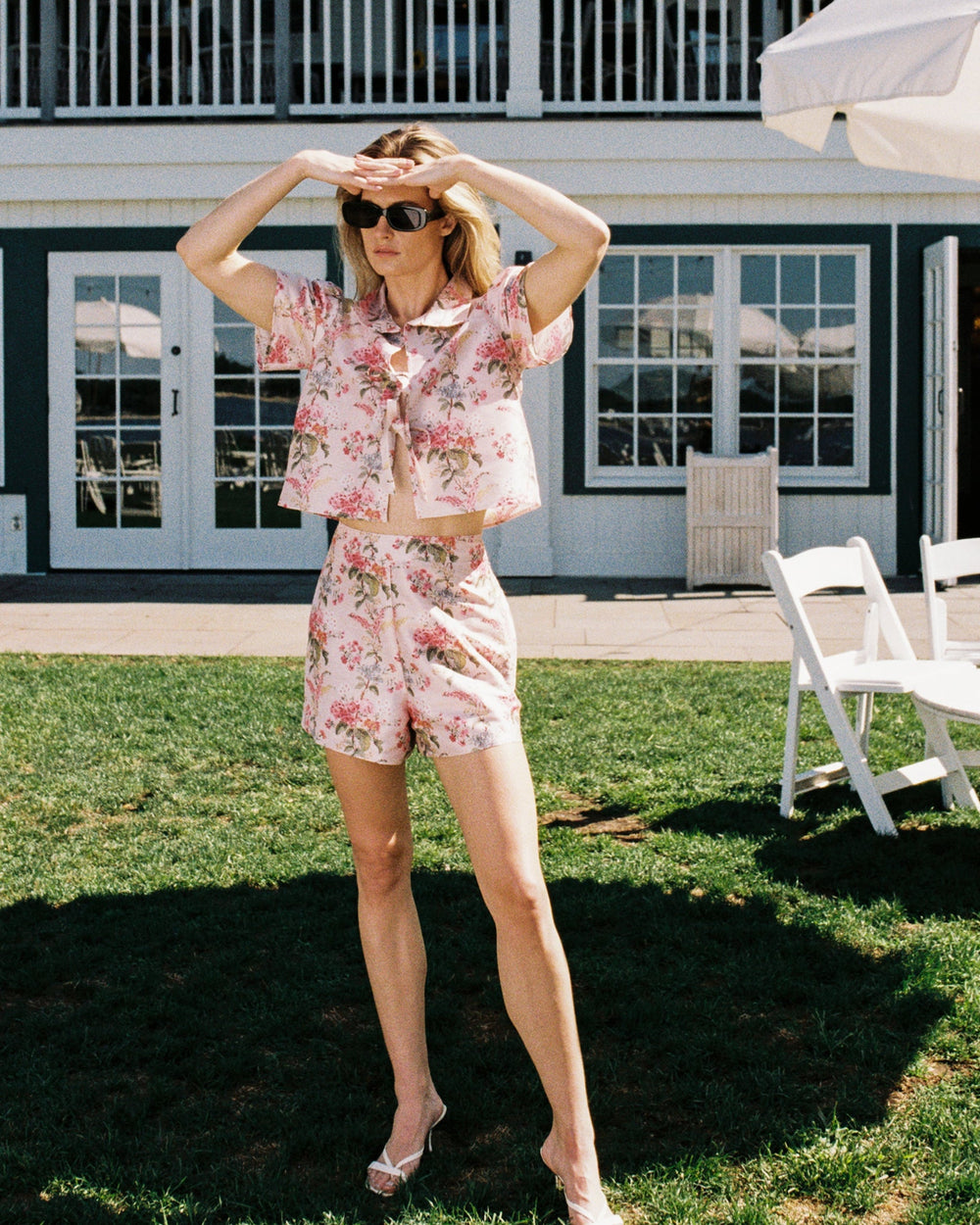 Front of Olivia Short in Blush Floral showing high-rise tailored fit with matching tie-front top by white house