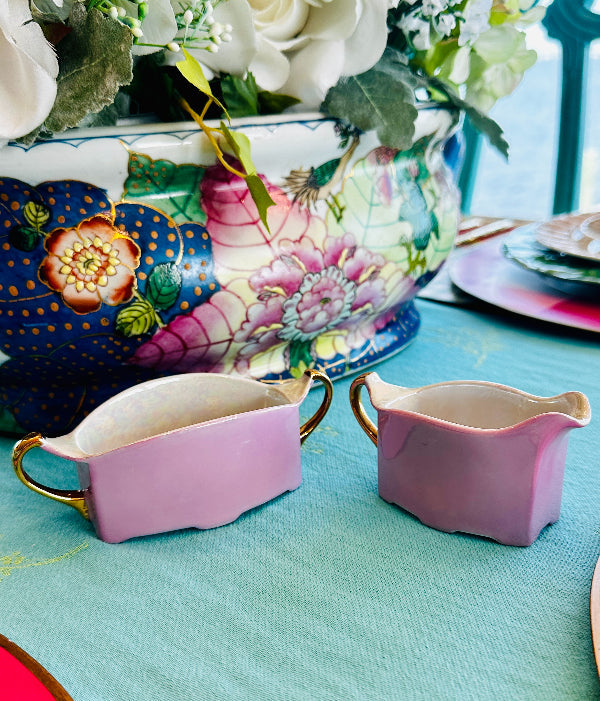 Antique Sugar and Creamer, Meito China, Japan, Pink Lusterware