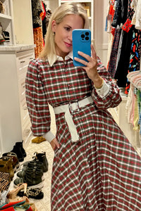 The Randolph Dress has a circle skirt, full length sleeves with button cuffs and optional belt.