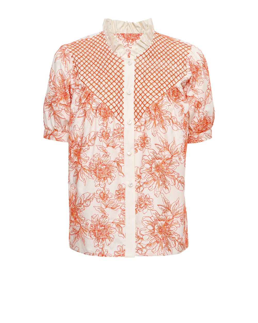 Front of Iole shirt showcasing Dahlia Spectacle orange floral print, hand-smocked yoke, ruffled collar and short puff sleeves