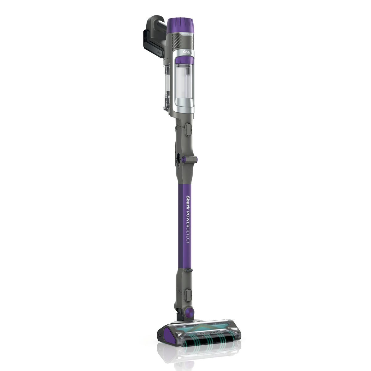 Front view of Shark PowerDetect Cordless Stick Vacuum showcasing purple and gray body with floor nozzle on a white background