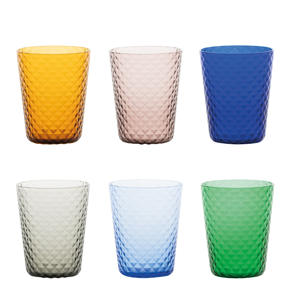 Front view of Isolano tumbler set of six showcasing diamond-textured colored glass in assorted colors on white background