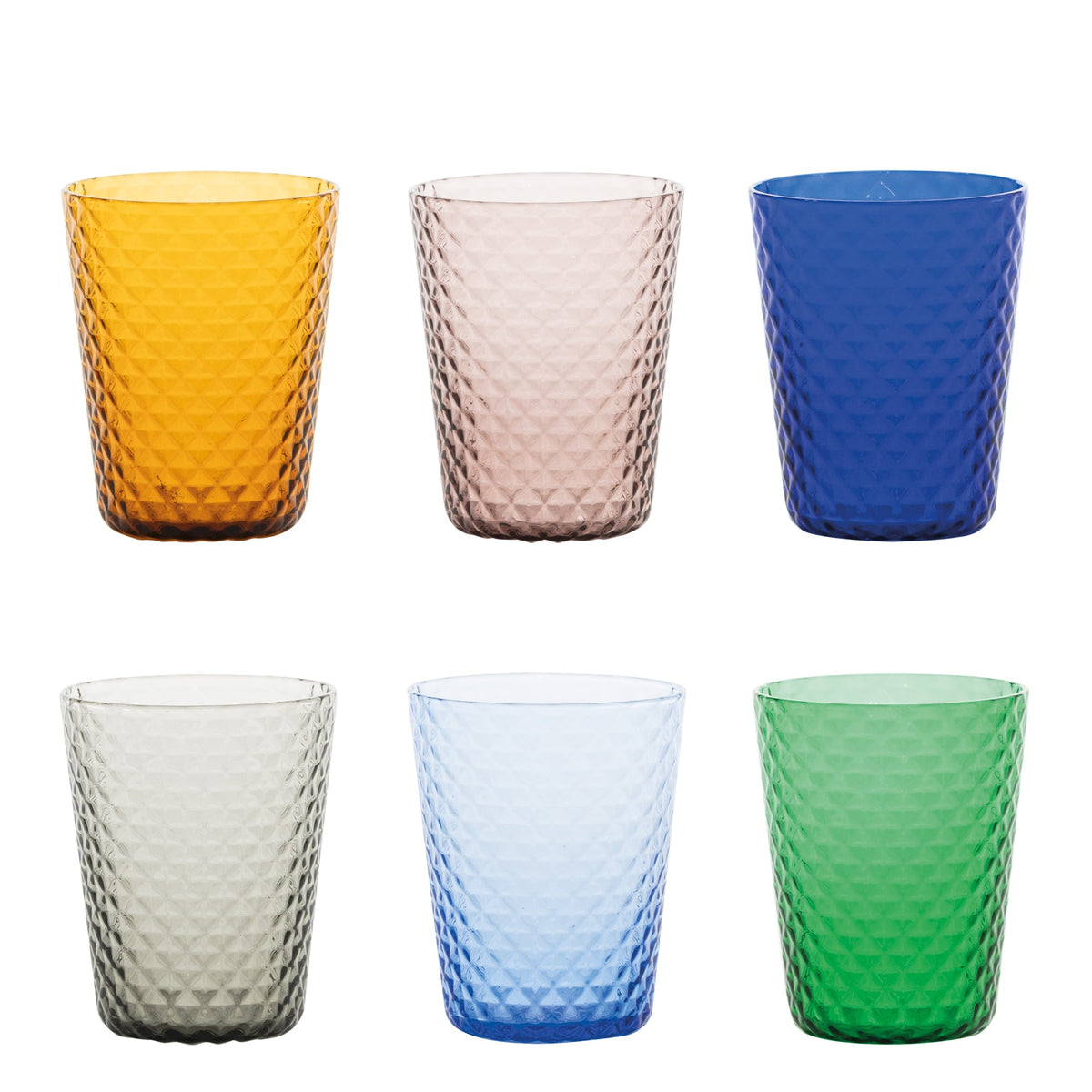 Front view of Isolano tumbler set of six showcasing diamond-textured colored glass in assorted colors on white background