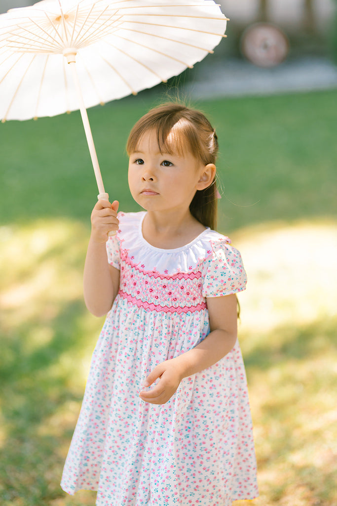 Isadora Floral Pink Short Puff Empire Dress
