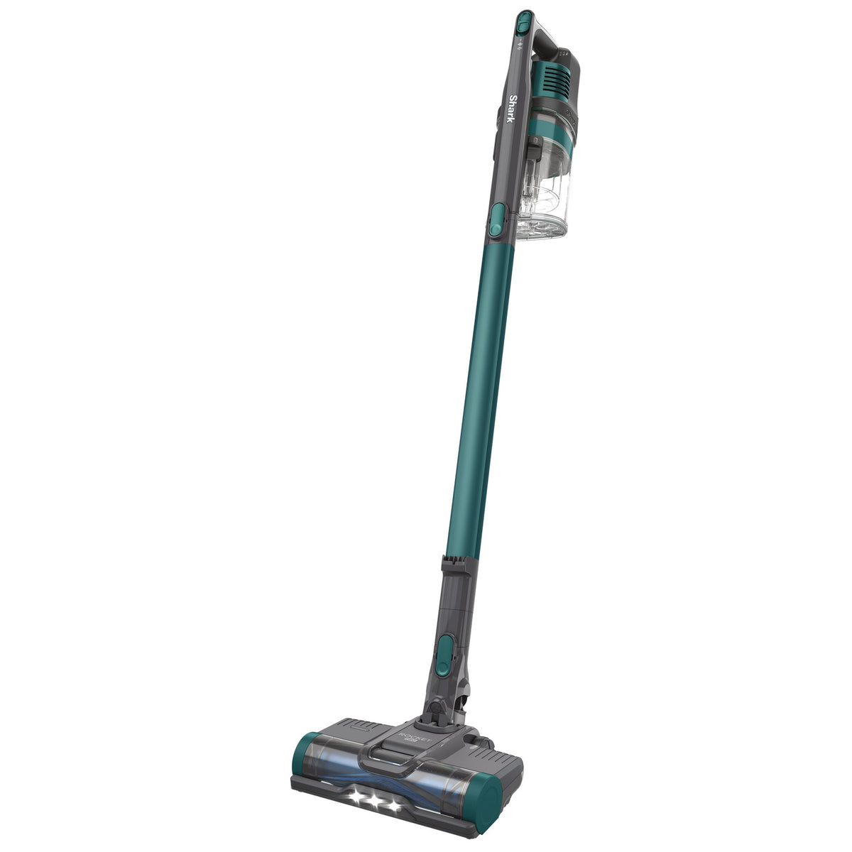Front three-quarter view of Shark Pet Pro Cordless Stick Vacuum showcasing LED headlights and transparent dust cup on a white background
