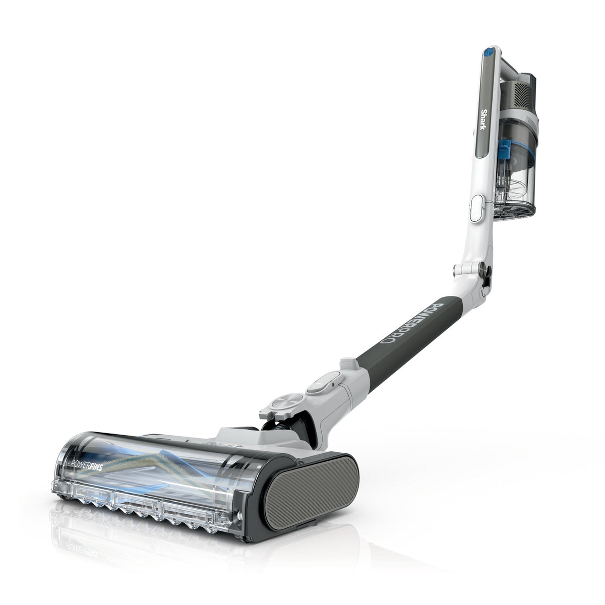 Front three-quarter view of Shark PowerPro Flex Reveal cordless stick vacuum showcasing its transparent dust cup and floor head on a white background