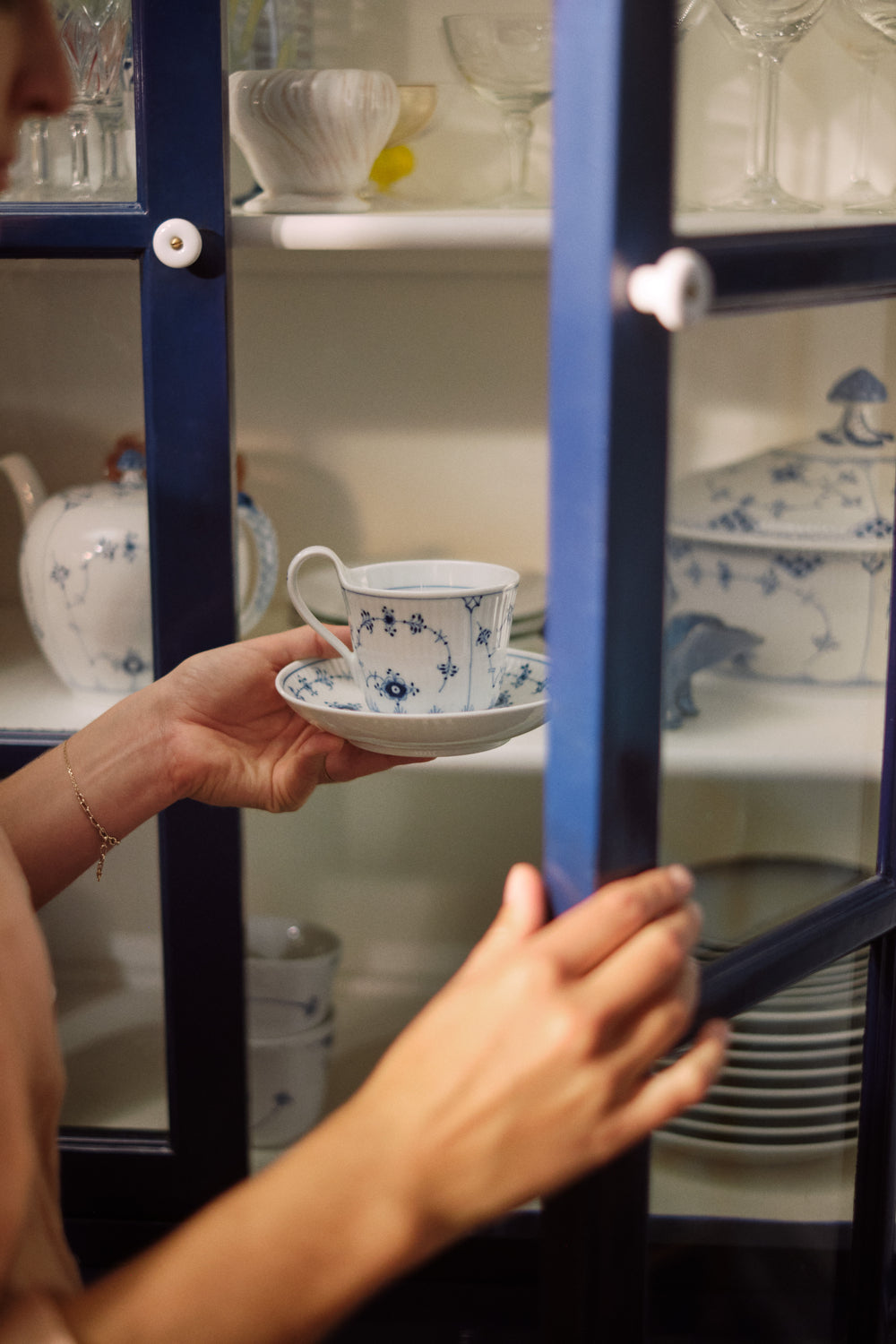 Blue Fluted Plain High Handle Cup & Saucer 8.5Oz