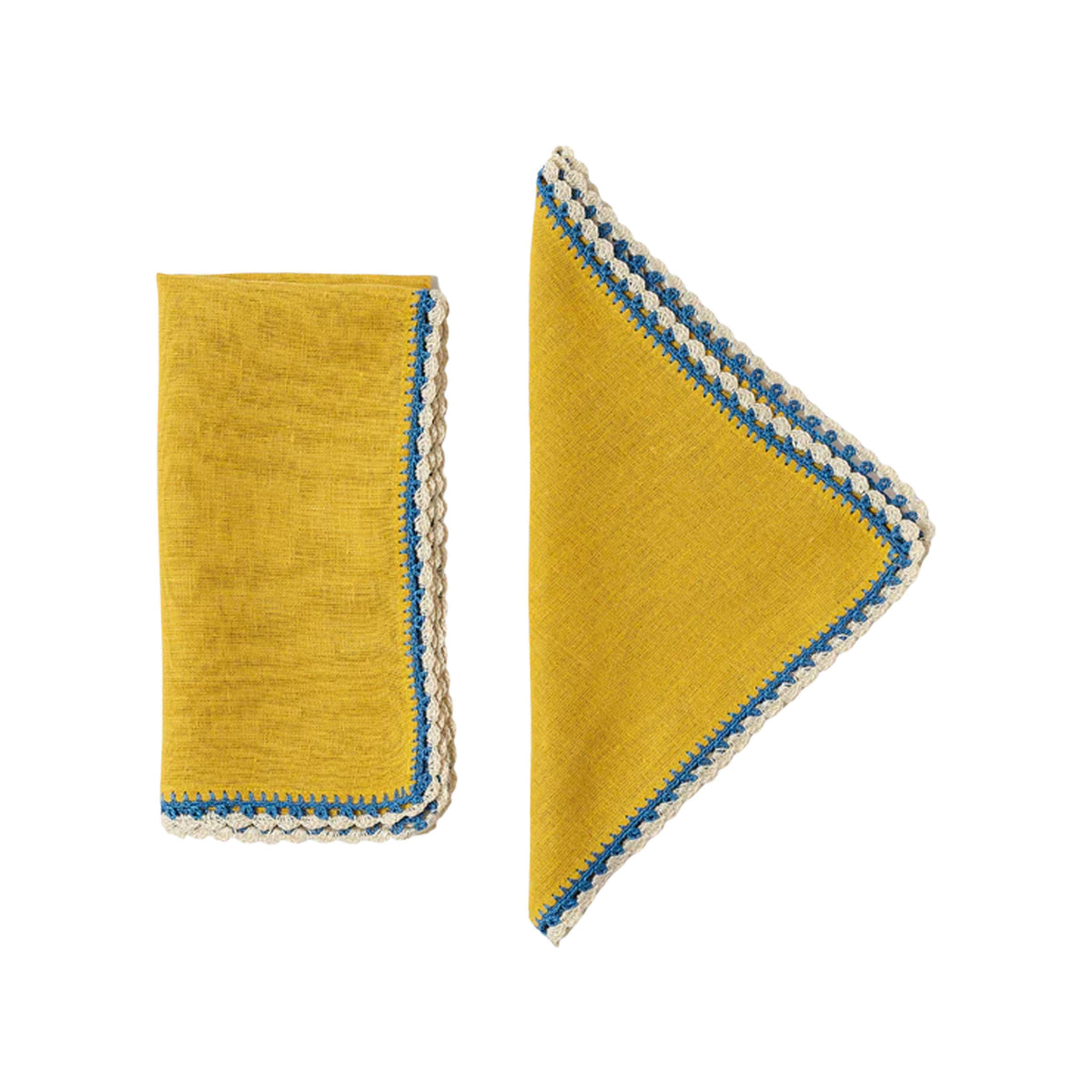 Front and folded views of Ikos Linen Napkin in Yellow, Set of 2 showcasing blue and cream scalloped crochet borders on a white background