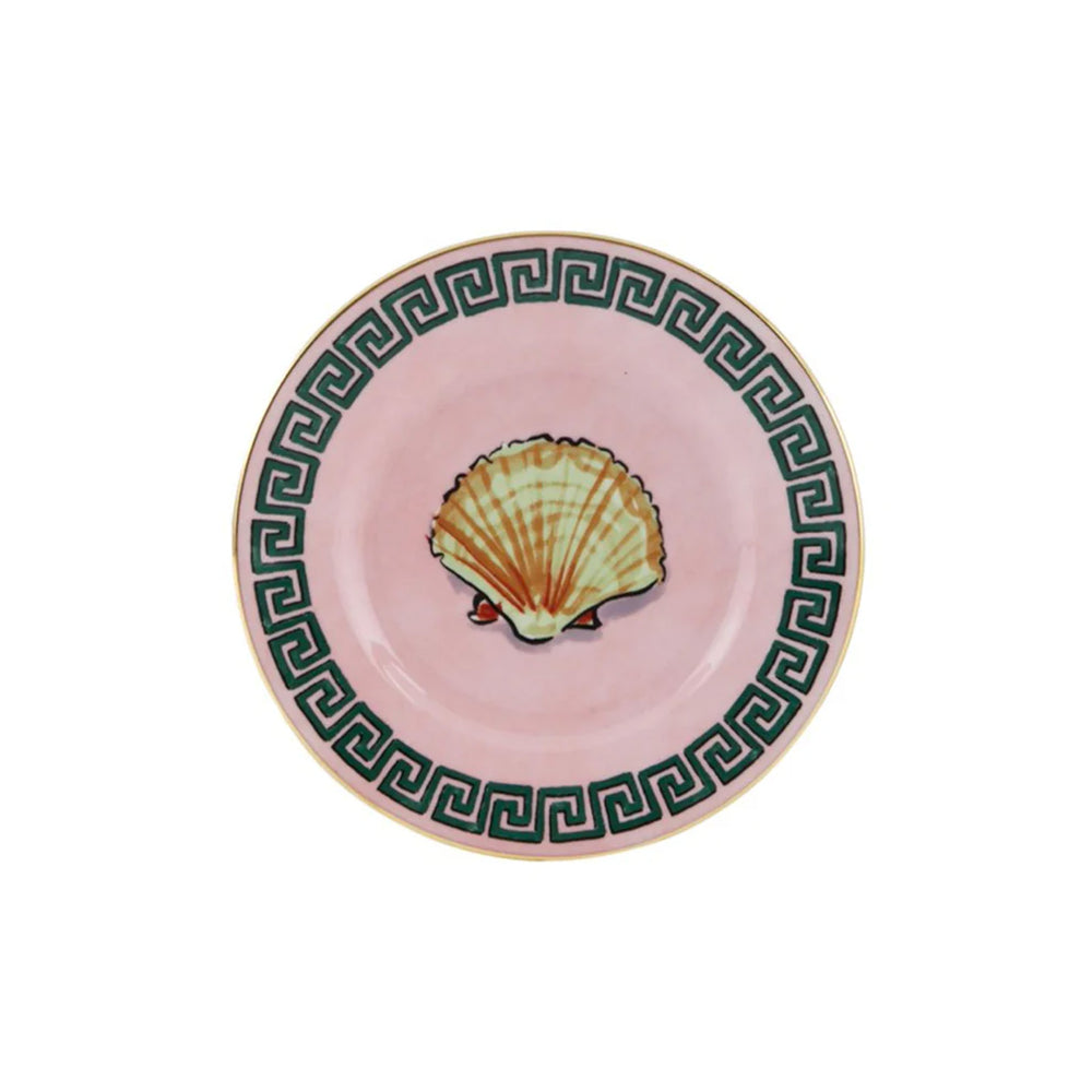 Top view of Il Viaggio Di Nettuno Bread Plate in Pink showcasing a seashell illustration and Greek key border on white background