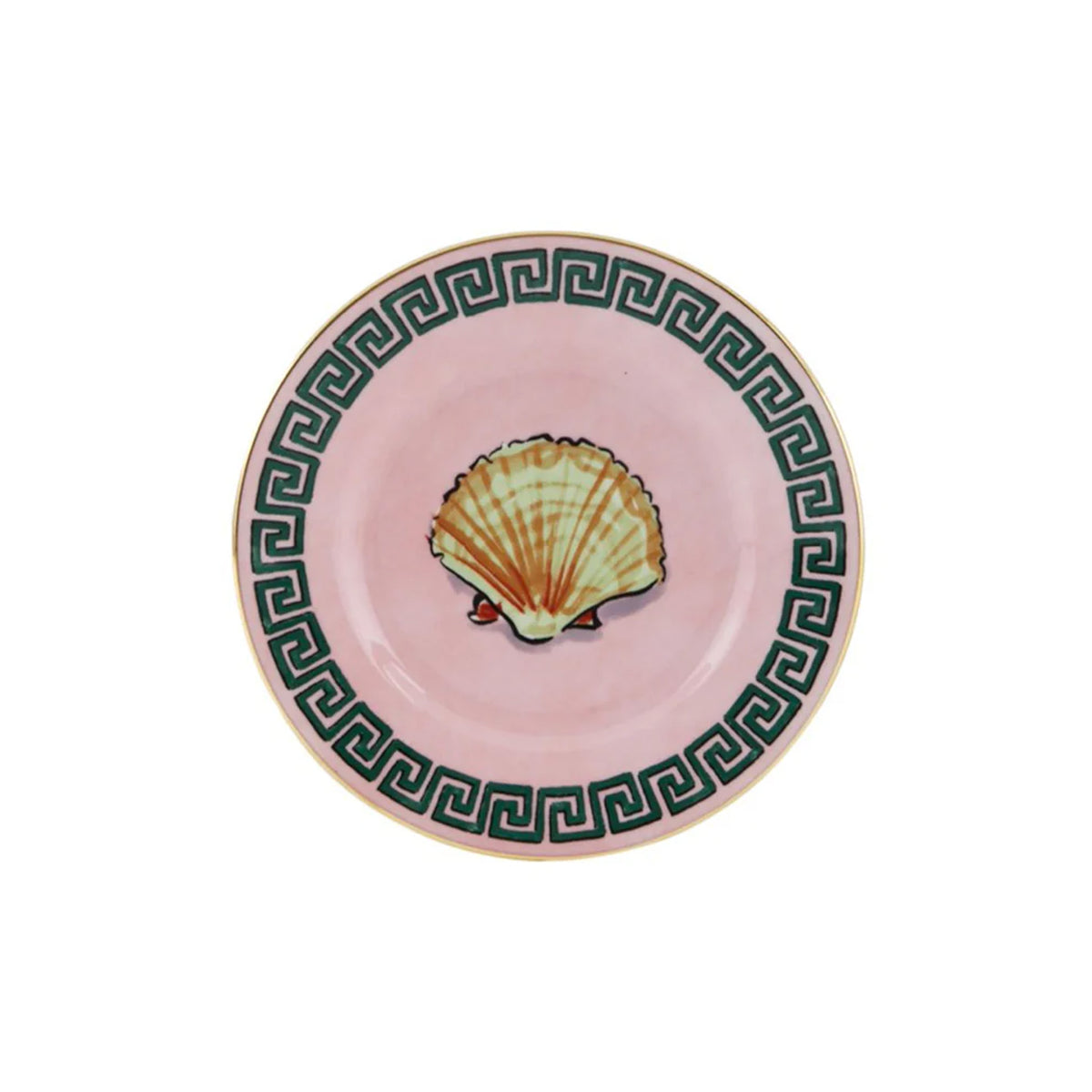 Top view of Il Viaggio Di Nettuno Bread Plate in Pink showcasing a seashell illustration and Greek key border on white background