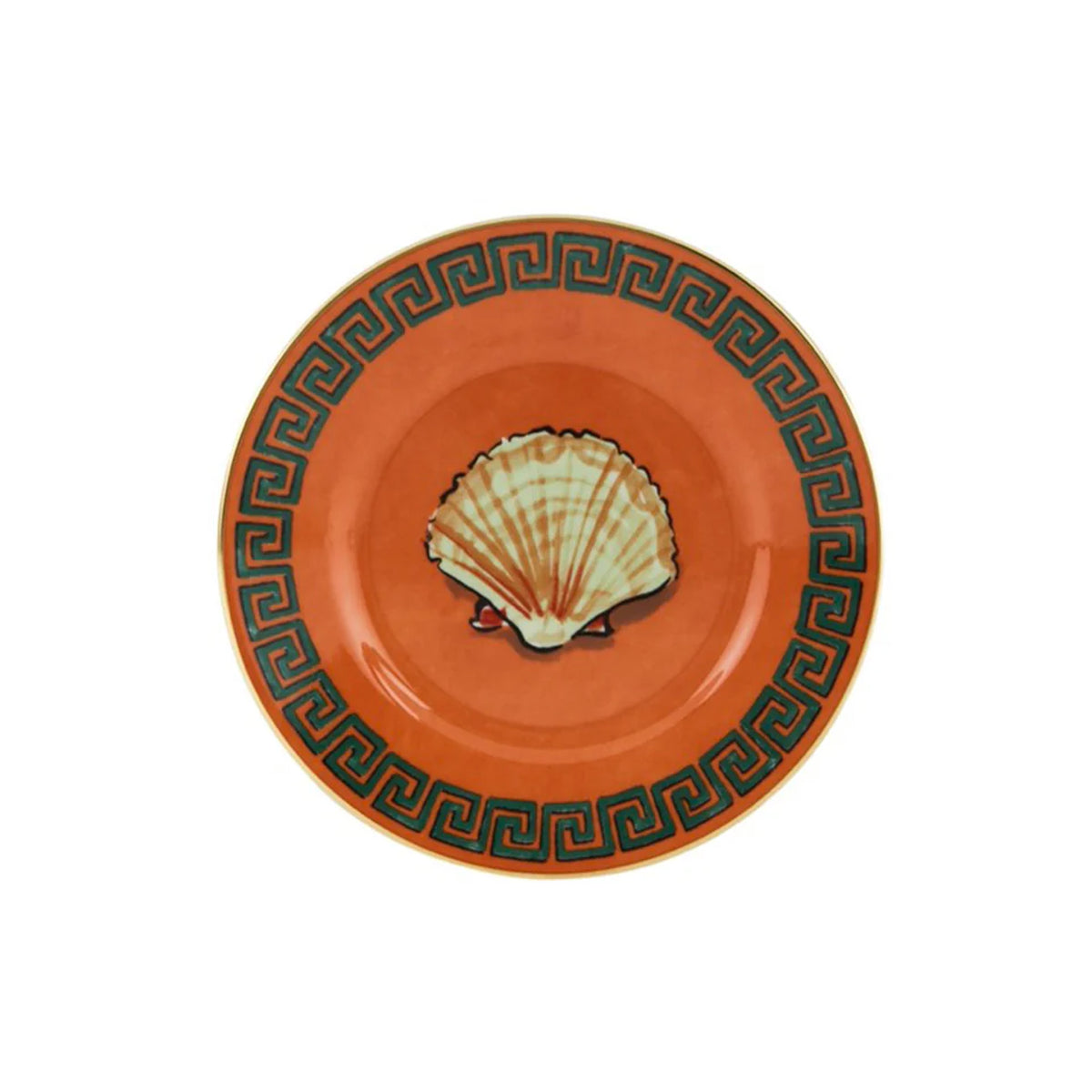 Top view of Il Viaggio Di Nettuno bread plate showing orange glaze, green Greek key border, gold rim, and central scallop shell on white background
