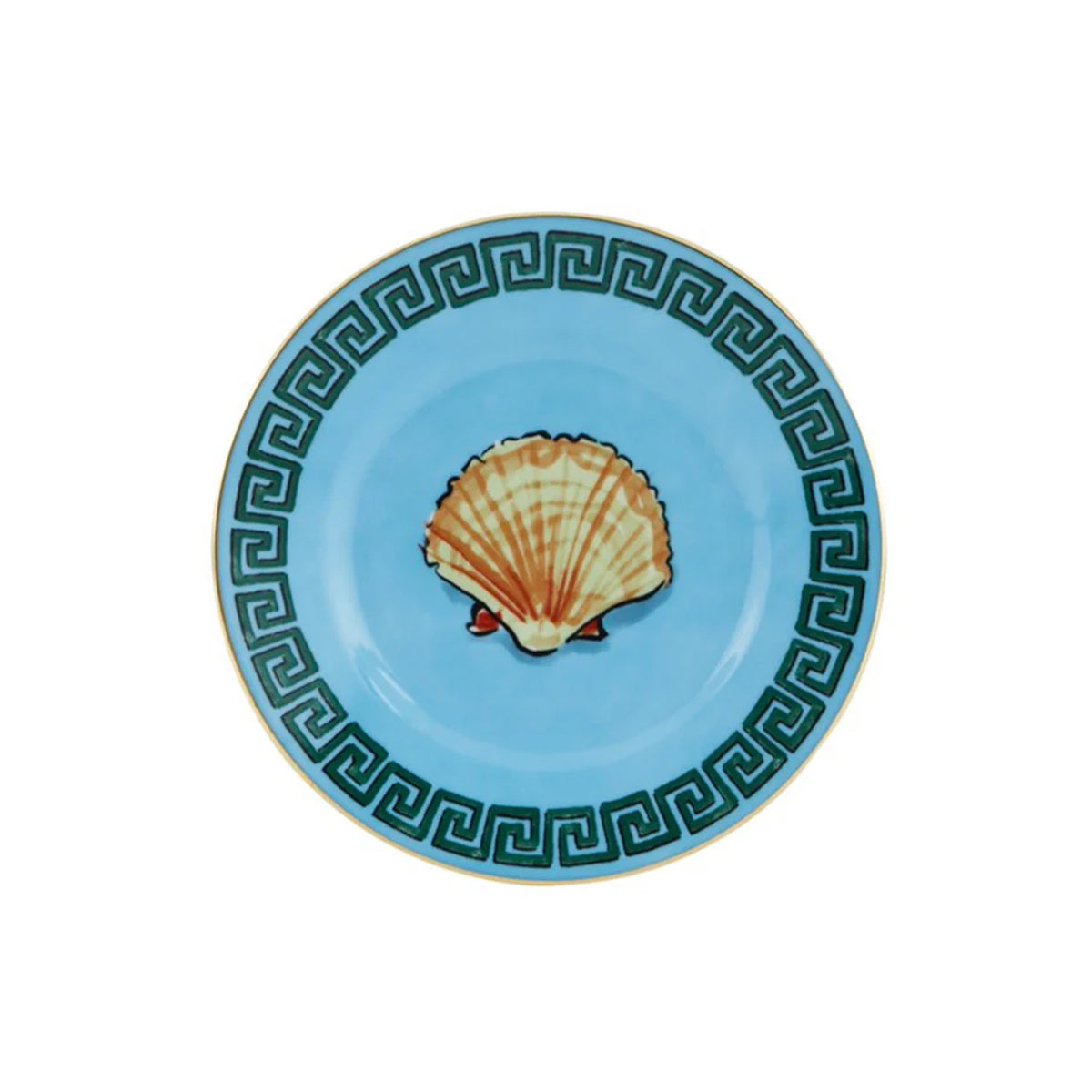 Top view of Il Viaggio Di Nettuno bread plate showing central scallop shell motif, green Greek key border, and gold rim on white background