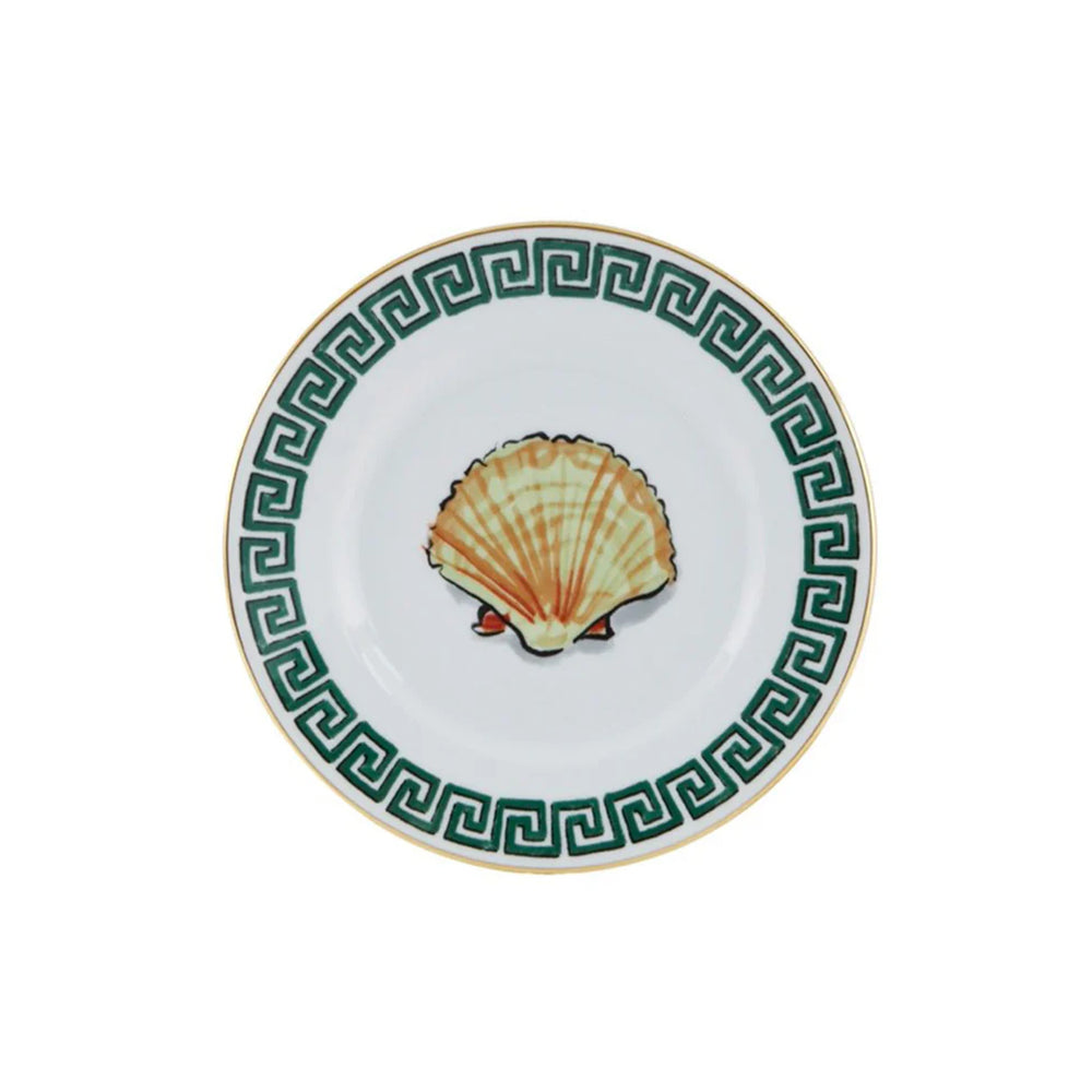 Top view of Il Viaggio Di Nettuno bread plate with scallop shell motif, green Greek-key border, and gold rim on white