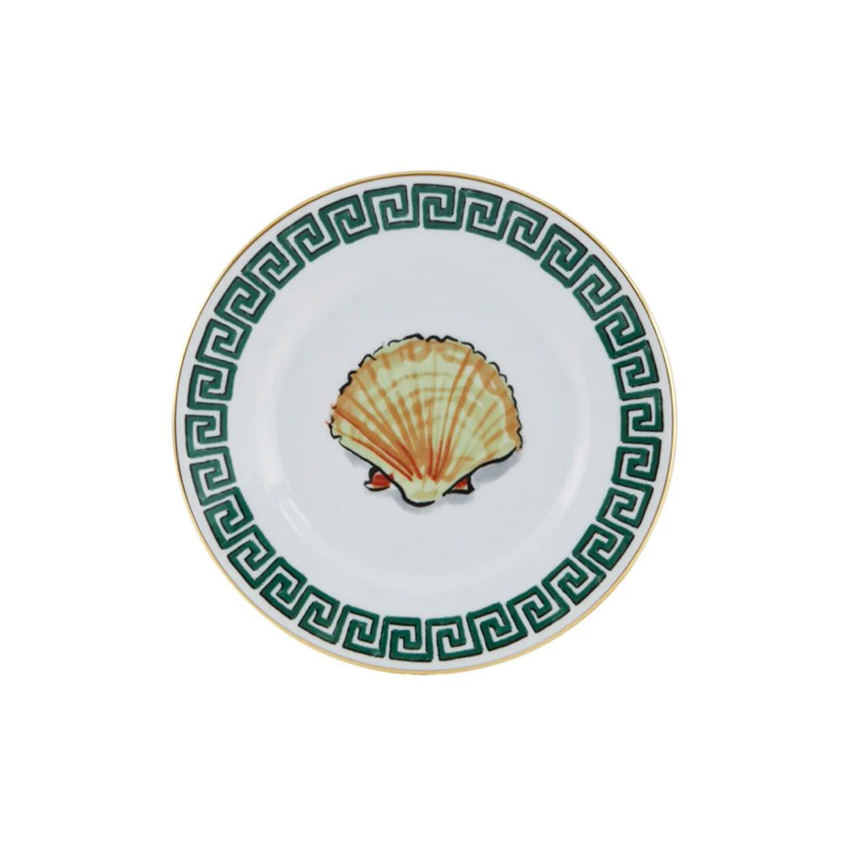 Top view of Il Viaggio Di Nettuno bread plate with scallop shell motif, green Greek-key border, and gold rim on white