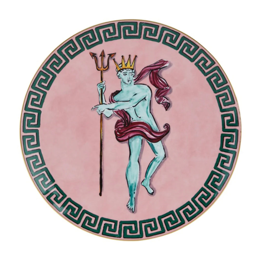 Top view of Il Viaggio Di Nettuno charger showing turquoise Neptune with trident on pink field and green Greek-key border