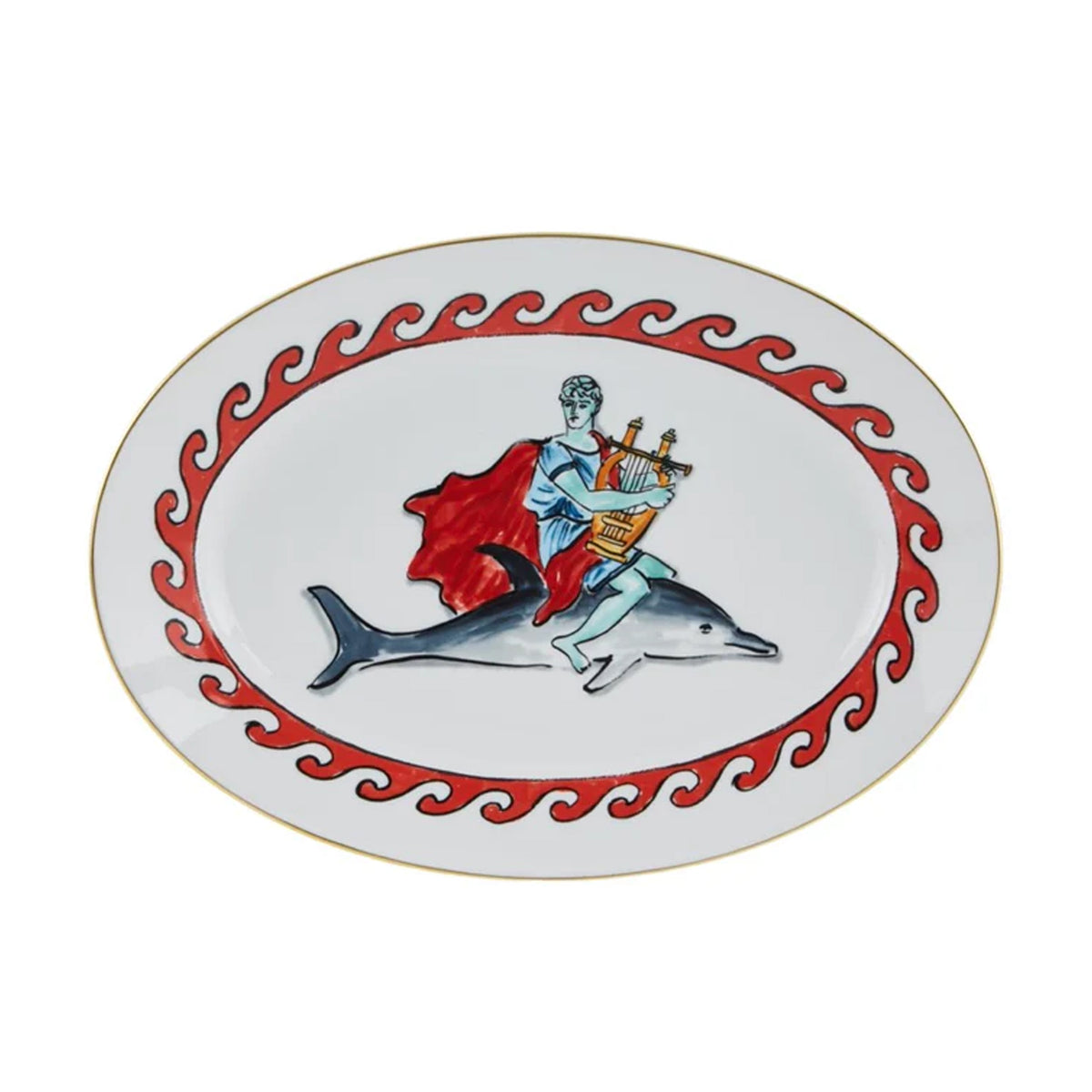 Top view of Il Viaggio Di Nettuno oval platter with Neptune on a dolphin illustration, red wave border and gold rim