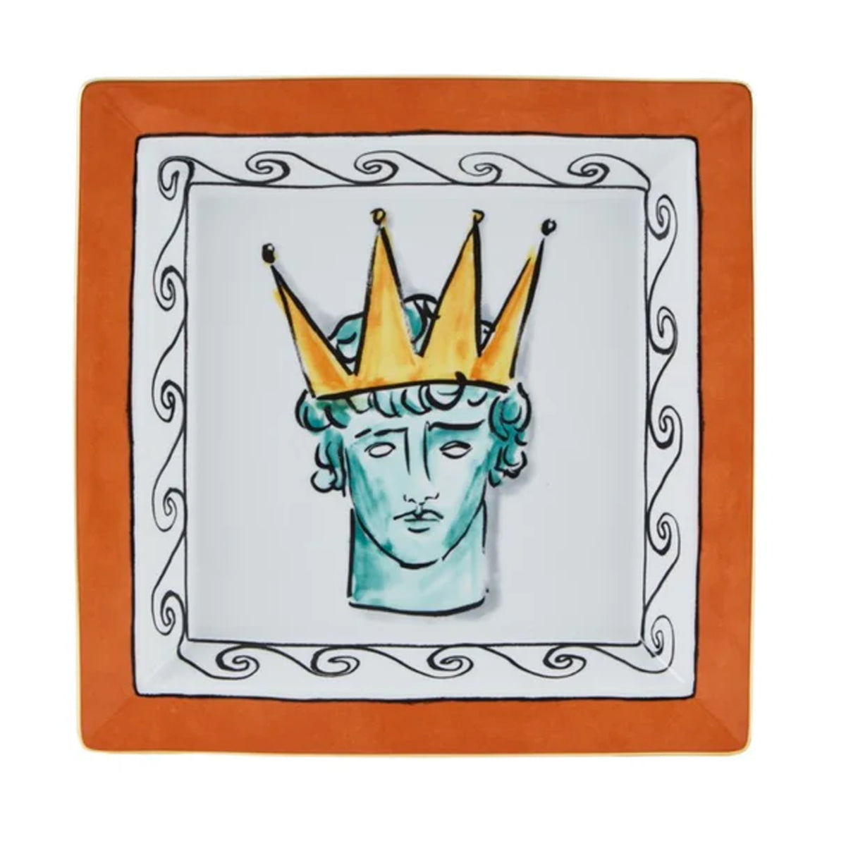 Front view of Il Viaggio Di Nettuno Large Squared Vide Poche in Rock Orange with a crowned face design