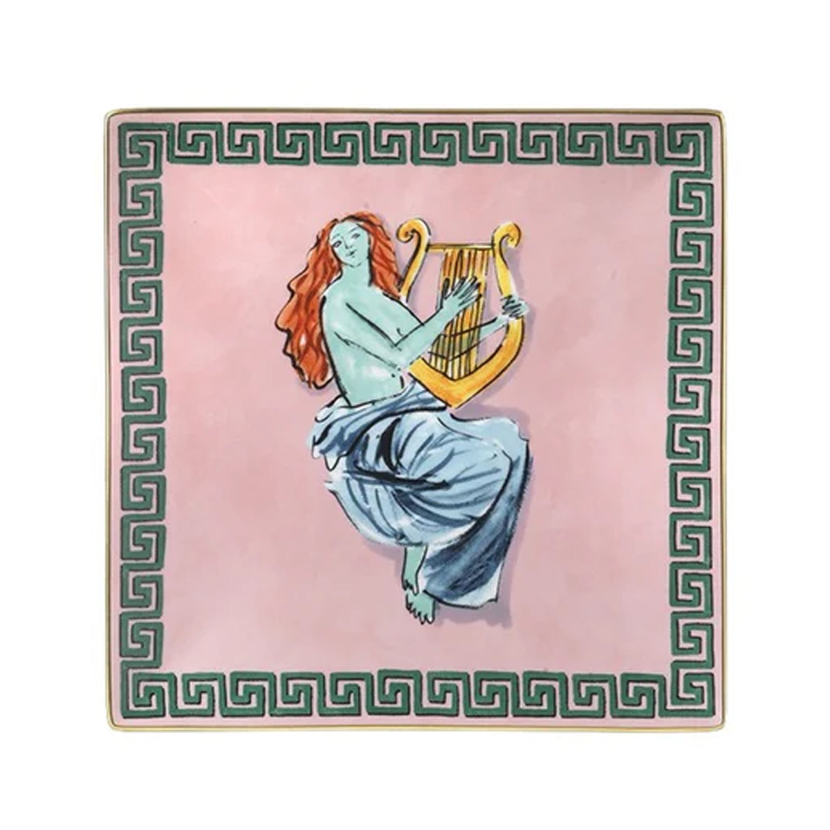 Top view of Il Viaggio Di Nettuno vide-poche showing a mythological figure with lyre on pink field and green Greek-key border