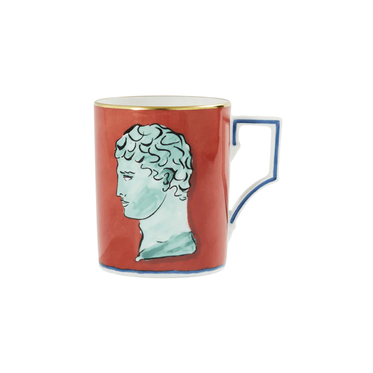 Front view of Il Viaggio Di Nettuno Red Coral Mug showcasing classical portrait, blue handle, and gold rim on white background