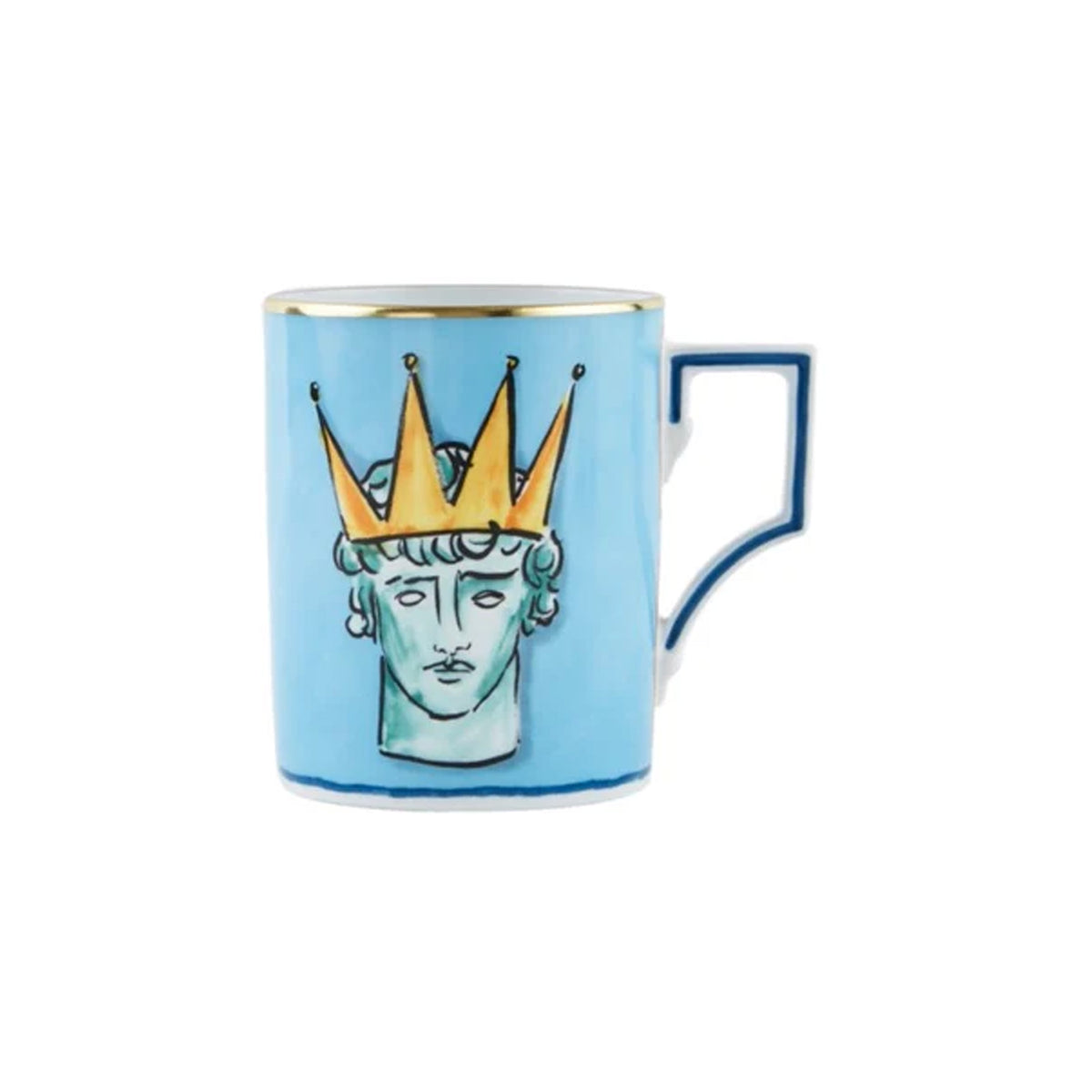 Front view of Il Viaggio Di Nettuno Sea Blue porcelain mug showing crowned head illustration and gold rim on white background