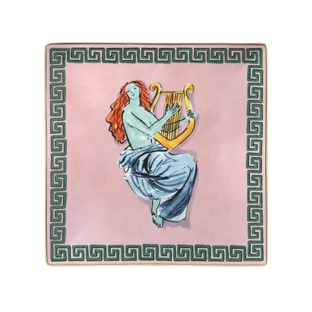 Front view of Il Viaggio Di Nettuno change tray showing painted Neptune with harp and green key border on pink background