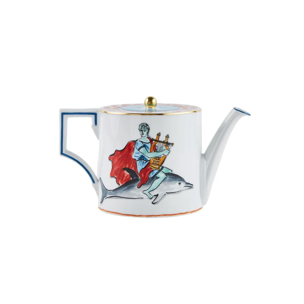 Side view of Il Viaggio Di Nettuno teapot with hand painted Neptune on a dolphin, square blue handle, gold lid knob on white