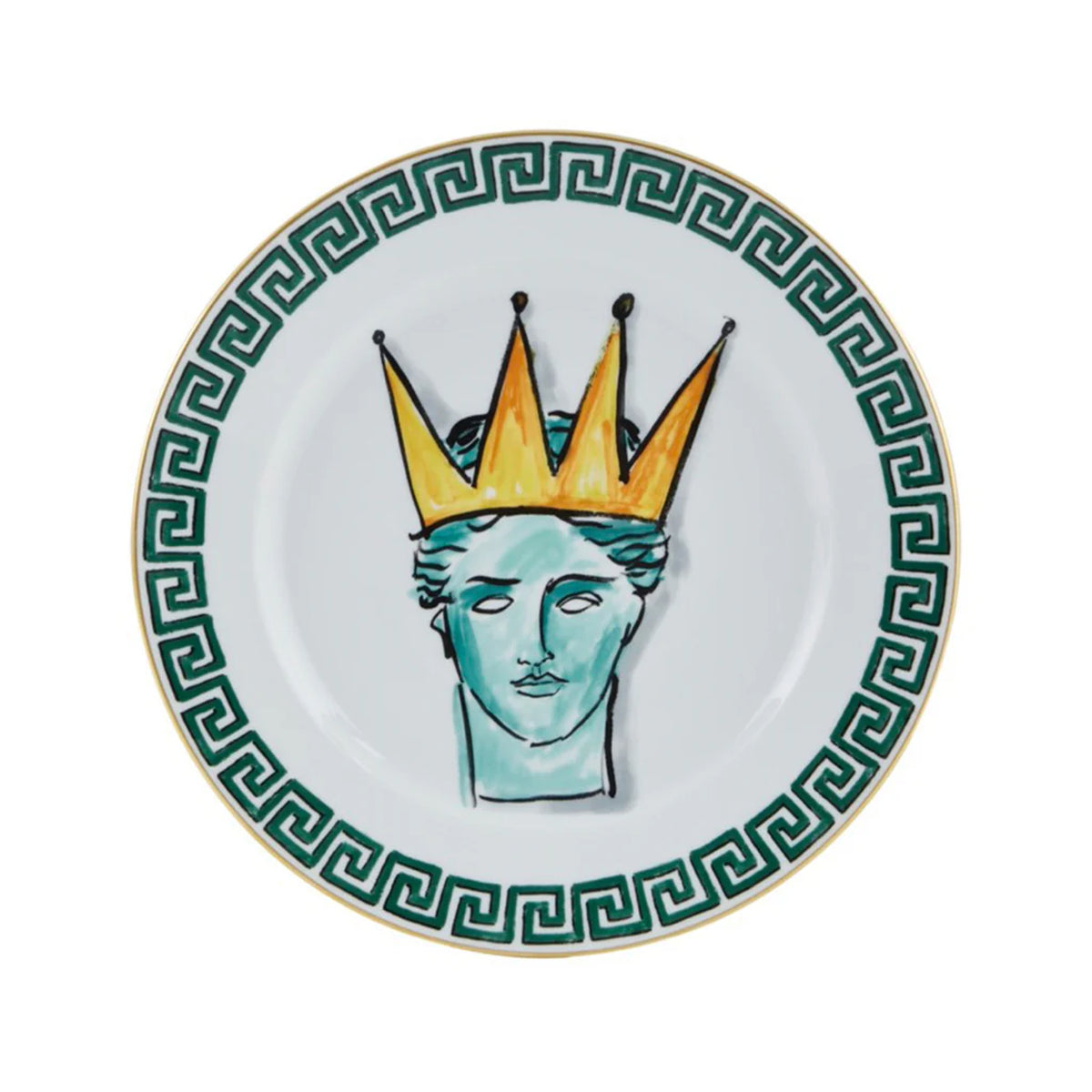 Top view of Il Viaggio Di Nettuno white dinner plate showing turquoise classical bust with gold crown and green Greek‑key border