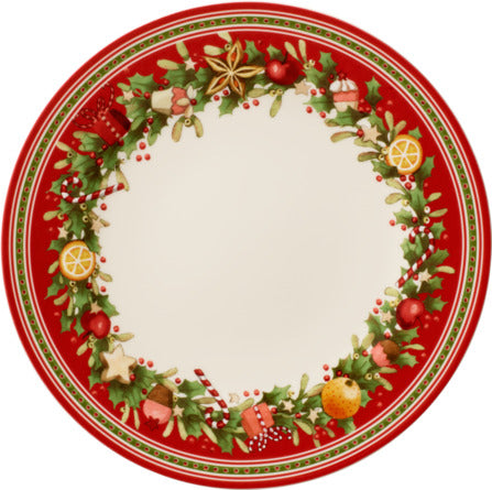 Front view of Winter Bakery Delight Flat Plate in Multi with holiday scenes, scalloped red border, and white center