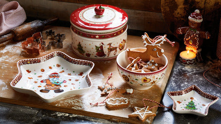Angled view of Winter Bakery Delight Bowl in Falling Star motif showcasing festive stars and illustrations with a holiday tabletop setting