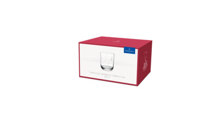 Angled view of Toys Delight Stems water glass boxed set showing clear glass image on red and white packaging, set of 2