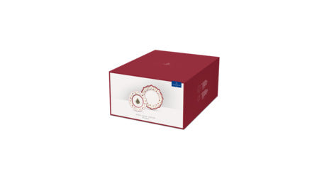 Three-quarter view of Toys Delight 8-piece porcelain plate set box showing scalloped red and white dinner and salad plates on white background