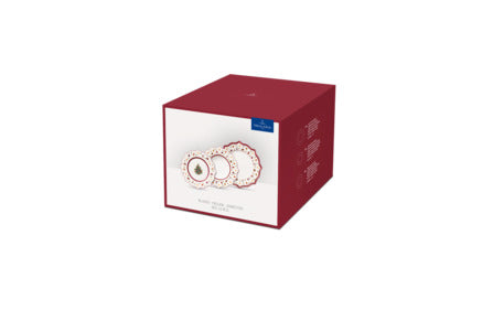 Three-quarter view of Toys Delight 12-piece plate set box showcasing red gift-style packaging with image of scalloped red, green, and white porcelain plates