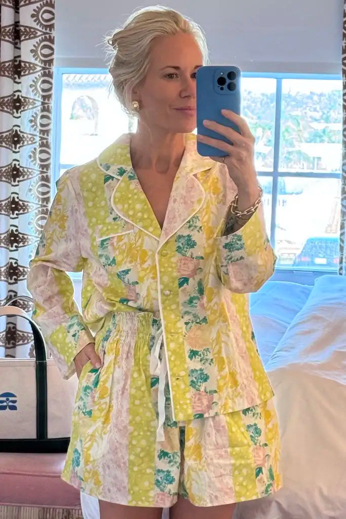 Hunter Bell wearing the PJ set in Floral Marble Mix.