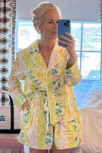 Hunter Bell wearing the PJ set in Floral Marble Mix.