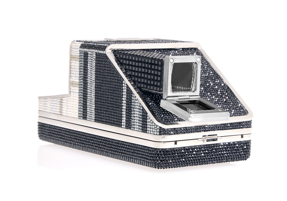 Angled front view of Image Elsa crystal-adorned rectangular clutch with open mirror compartment and silver hardware on white