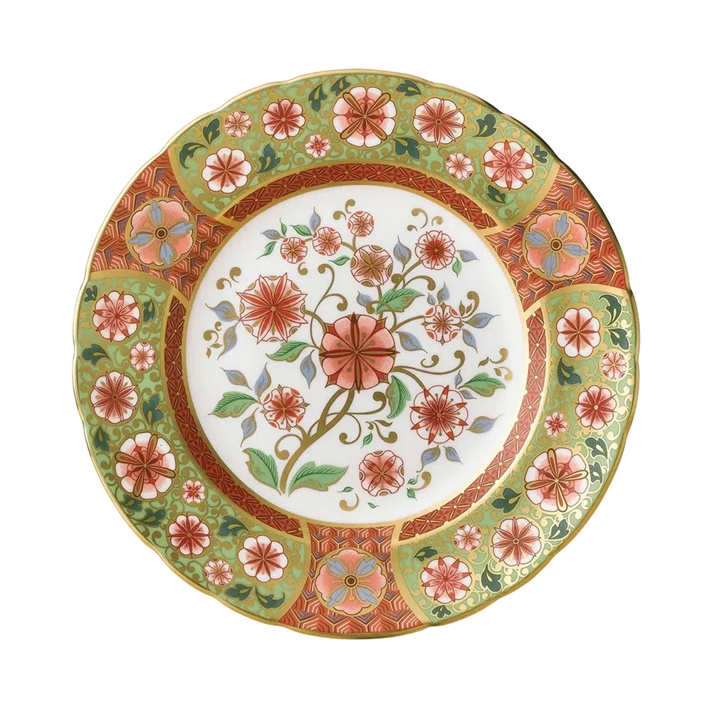 Top view of Imari Accent dinner plate showing cherry blossom floral pattern with 22 carat gold rim on white background