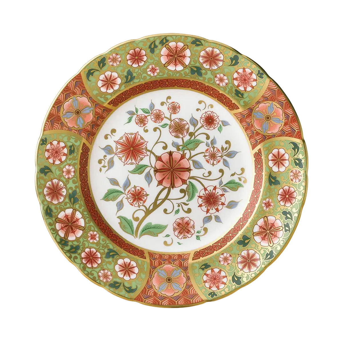 Top view of Imari Accent dinner plate showing cherry blossom floral pattern with 22 carat gold rim on white background