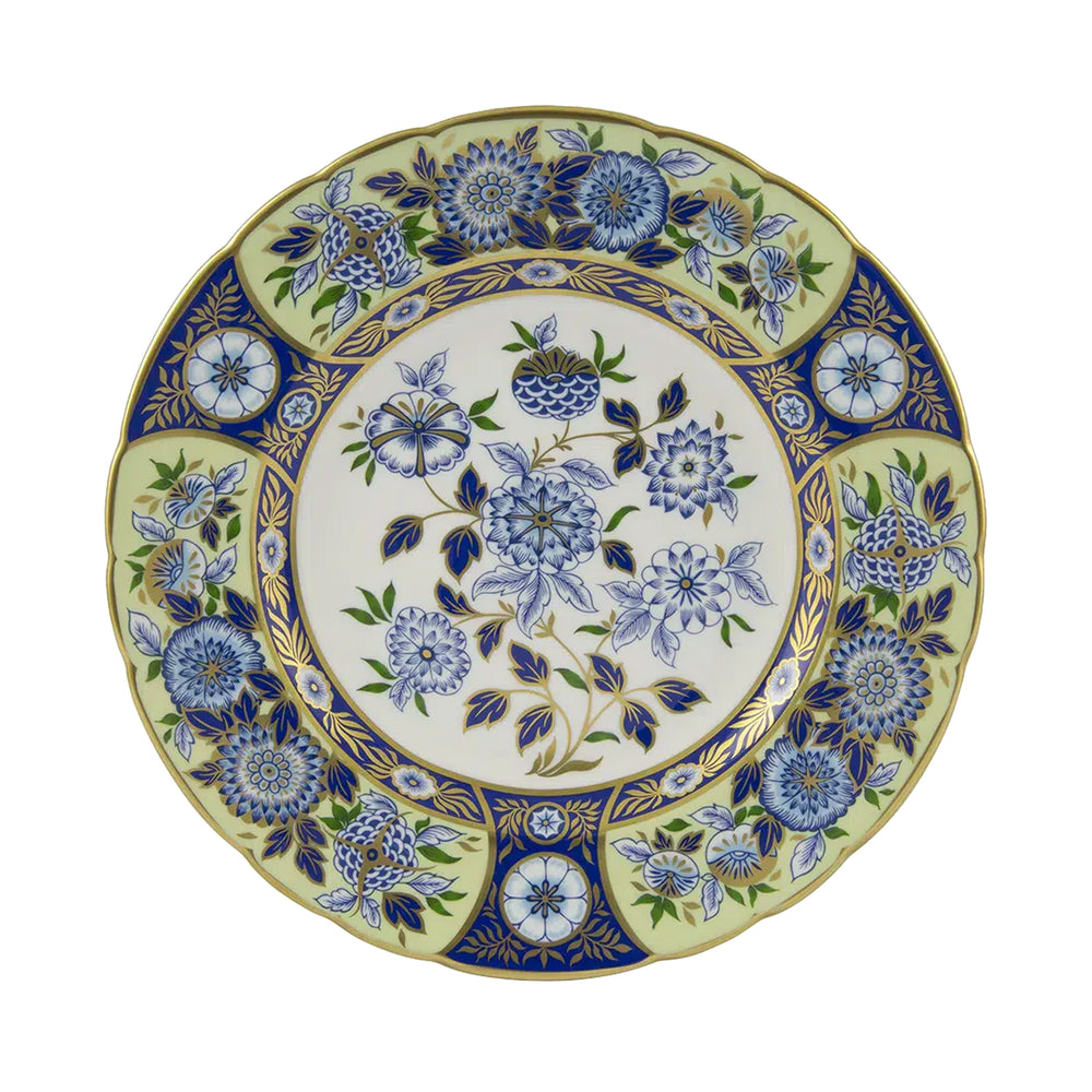 Overhead view of Imari Accent plate in Midori Meadow with blue and green floral pattern and 22 carat gold accents