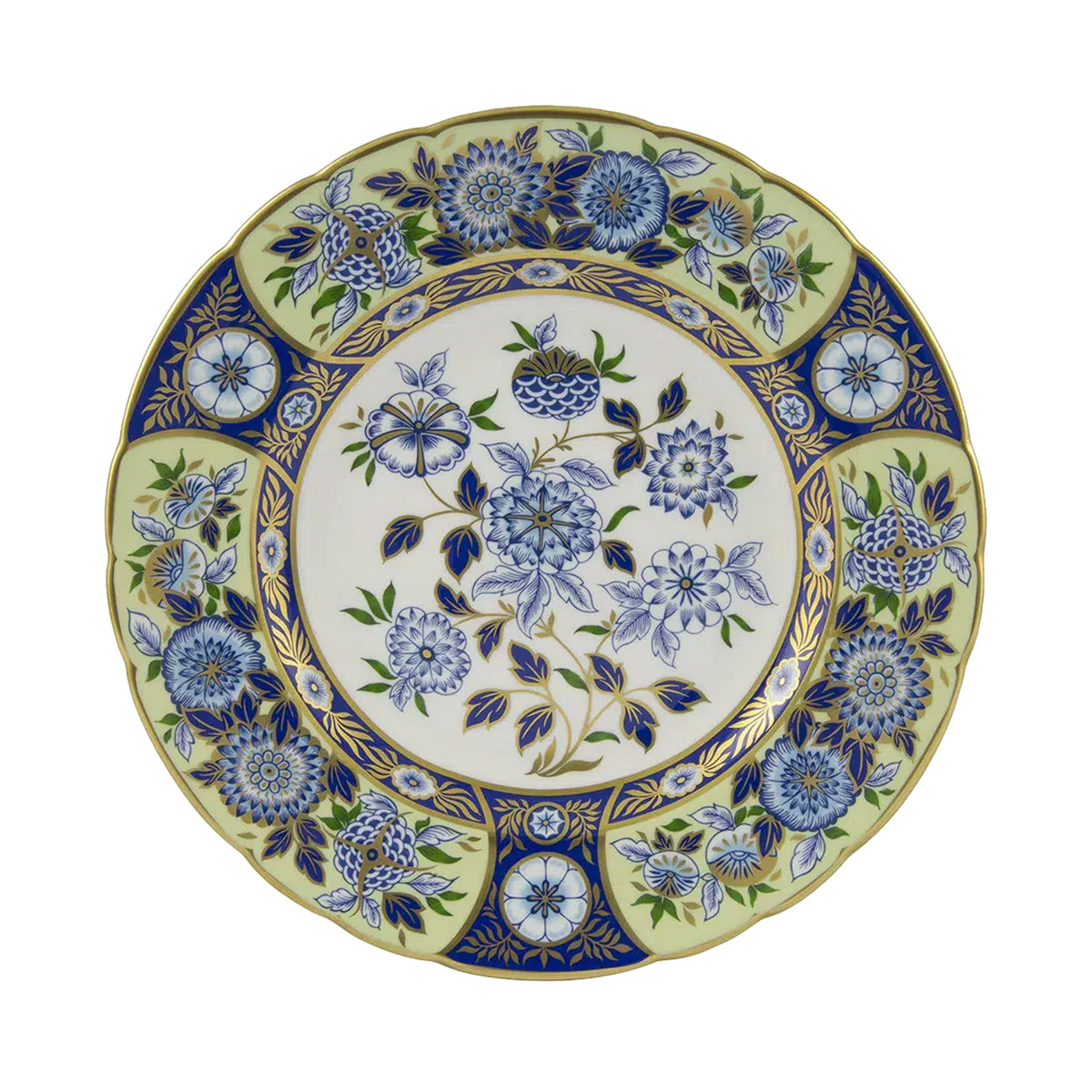 Overhead view of Imari Accent plate in Midori Meadow with blue and green floral pattern and 22 carat gold accents