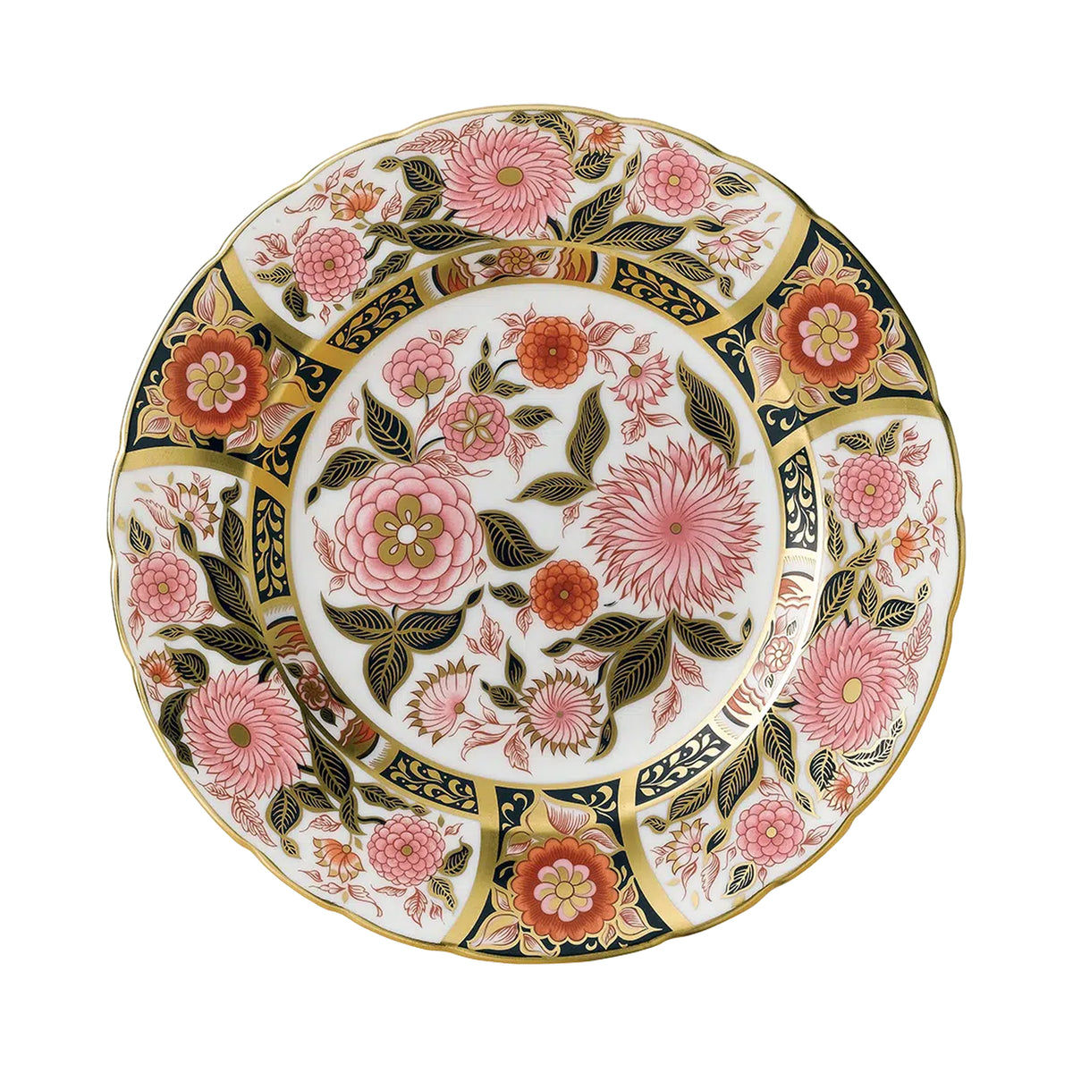 Top view of Imari Accent Collection plate in Pink Bouquet showing pink floral pattern and gold rim on white background