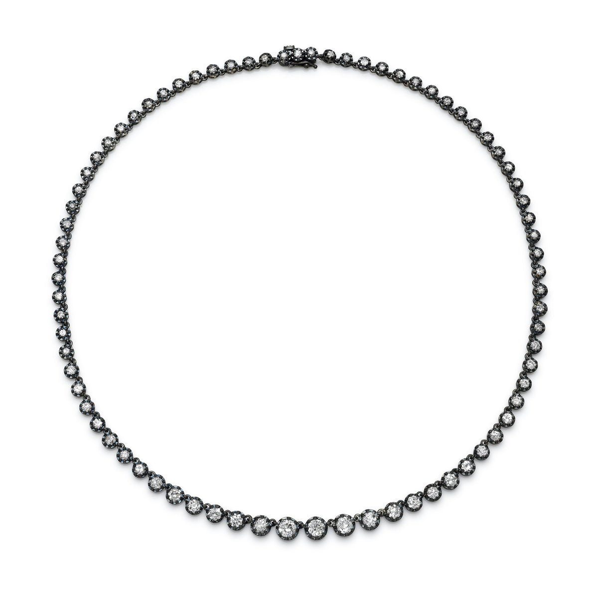 Front view of Old Euro Riviere Necklace showcasing old euro cut diamonds in blackened platinum on white background