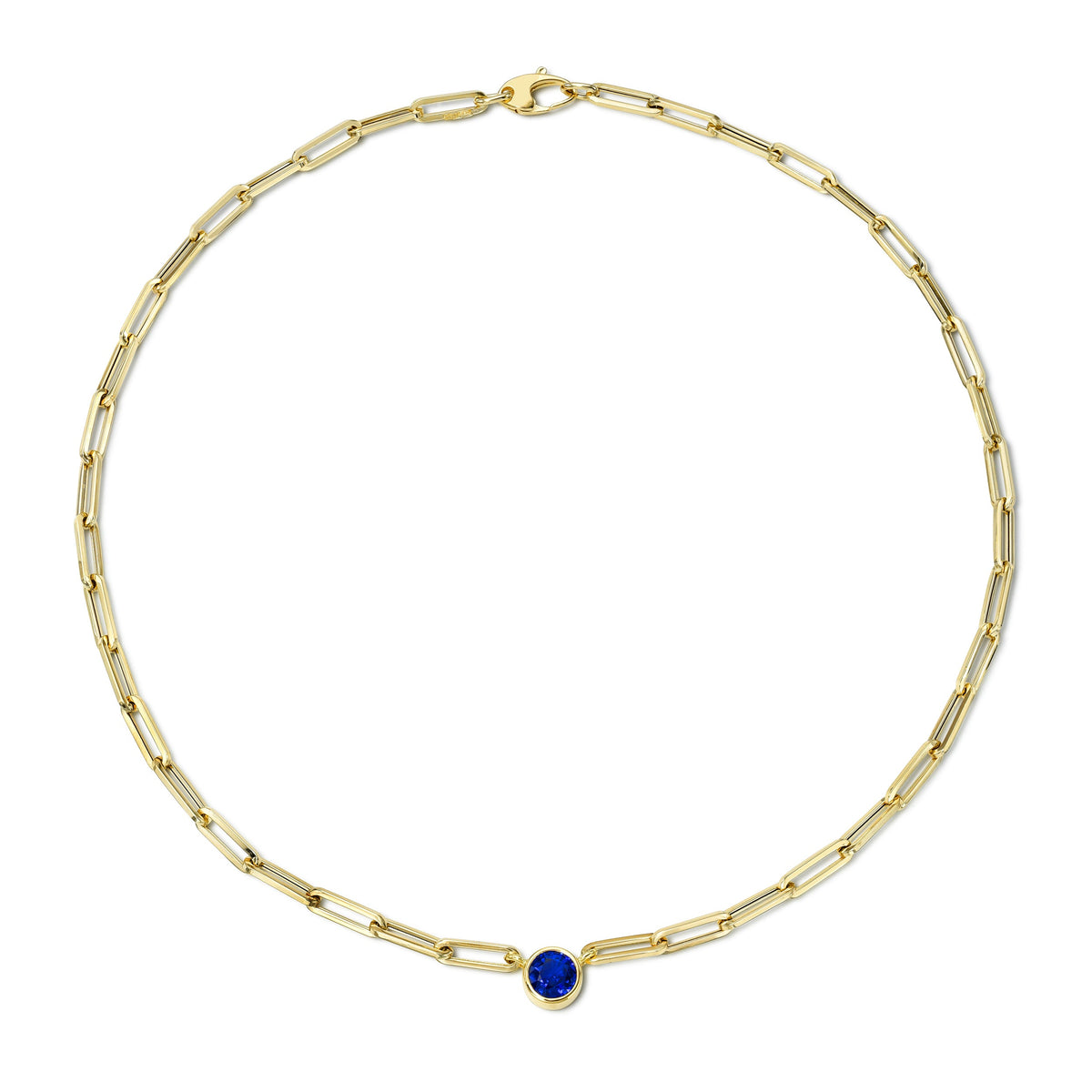 Front view of Paperclip Chain Blue Sapphire Necklace with blue sapphire in platinum bezel and paperclip chain on white background