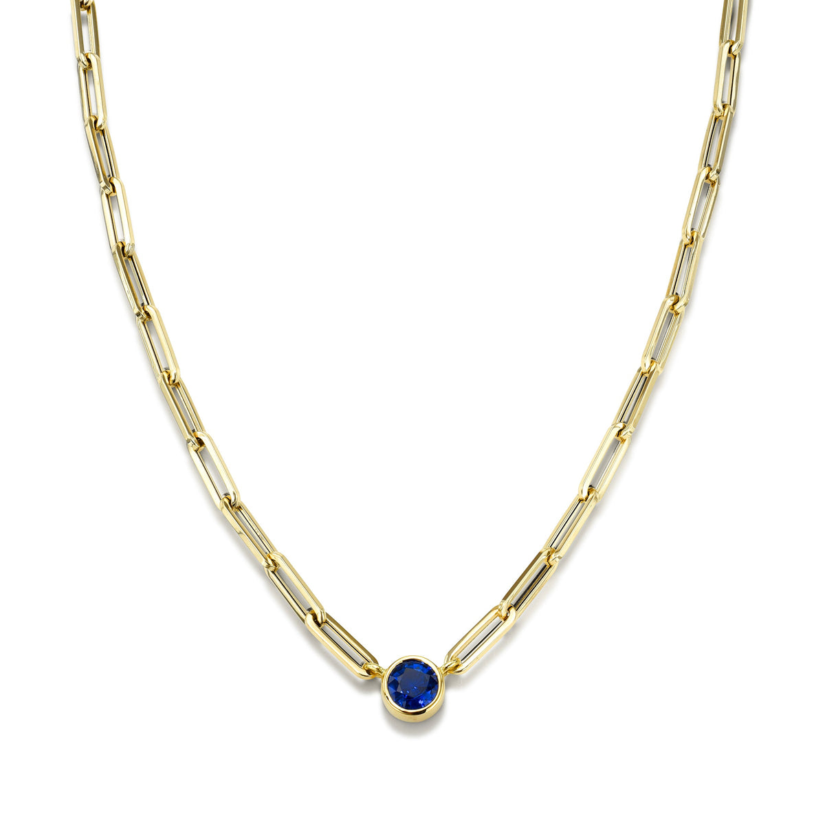 Front view of Paperclip Chain Blue Sapphire Necklace showcasing a bezel set round blue sapphire and paperclip chain