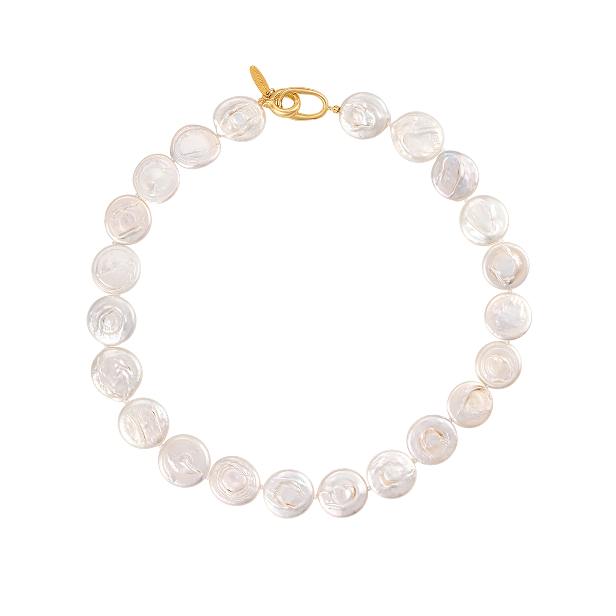 Top down view of the Soulmate Necklace showcasing flat lustrous coin pearls and a gold toggle clasp on a white background